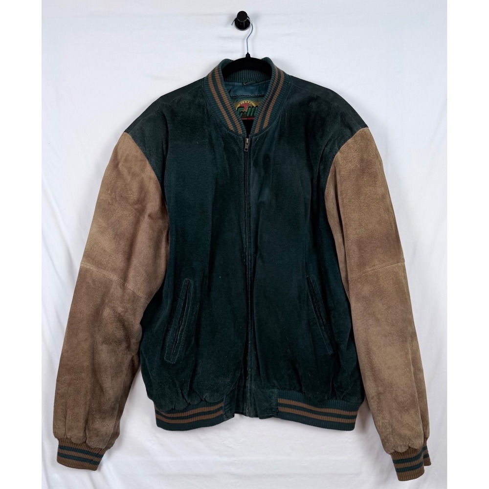 VTG G-III Global Identity Bomber Jacket Green Tan 2XL Genuine Suede Lined Heavy